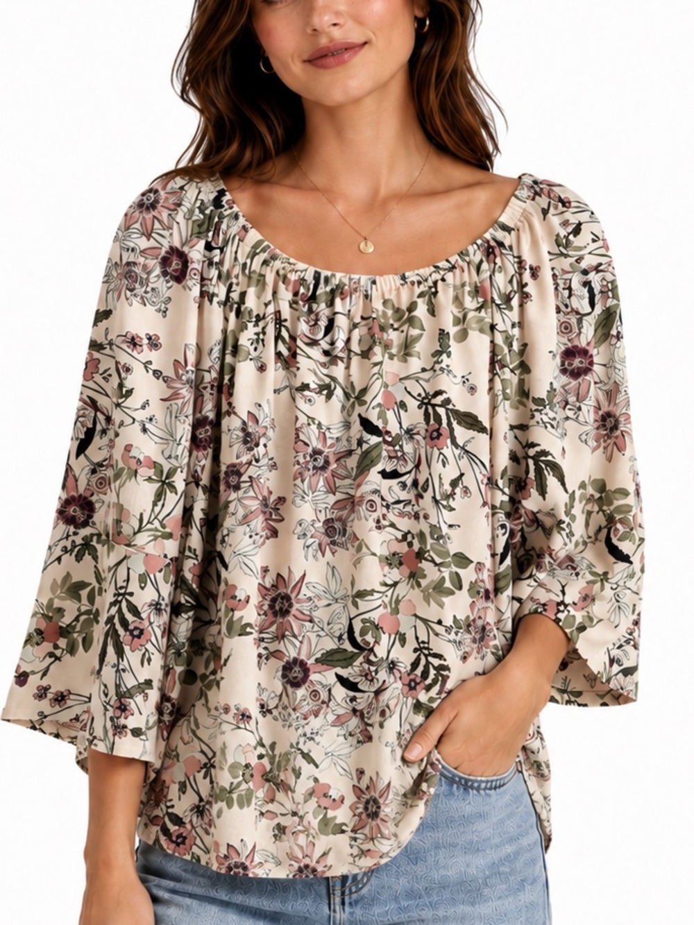 Floral Boho Blouse Bell Sleeve Cream Fairy Feminine Skyes the Limit Sz M Petite
